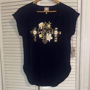 🆕 Tru Self Floral Gold-threaded Cross Graphic Tee - L
